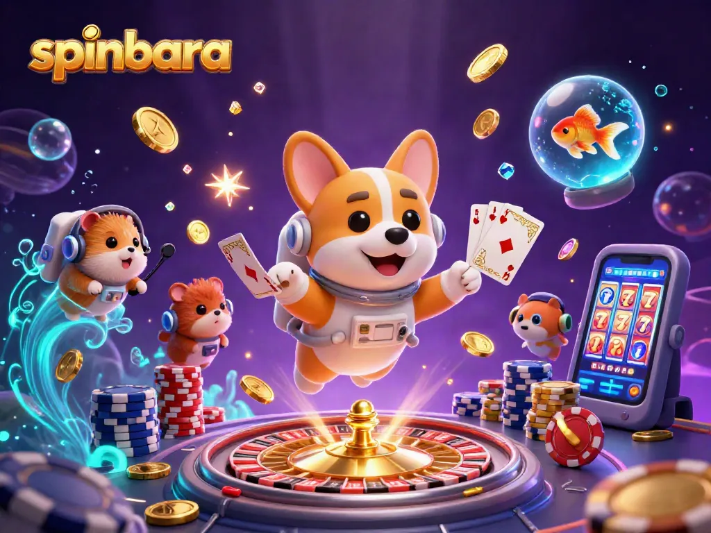 Experience the thrill of spinbara with a 3D scene of a cartoon astronaut corgi in a casino space station.