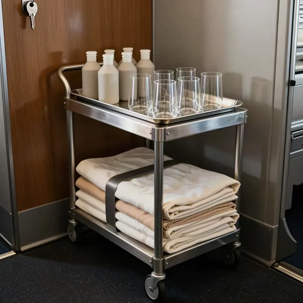 Carro de cabina con paños, botellas, vasos y bandeja pulida en un galley aéreo.