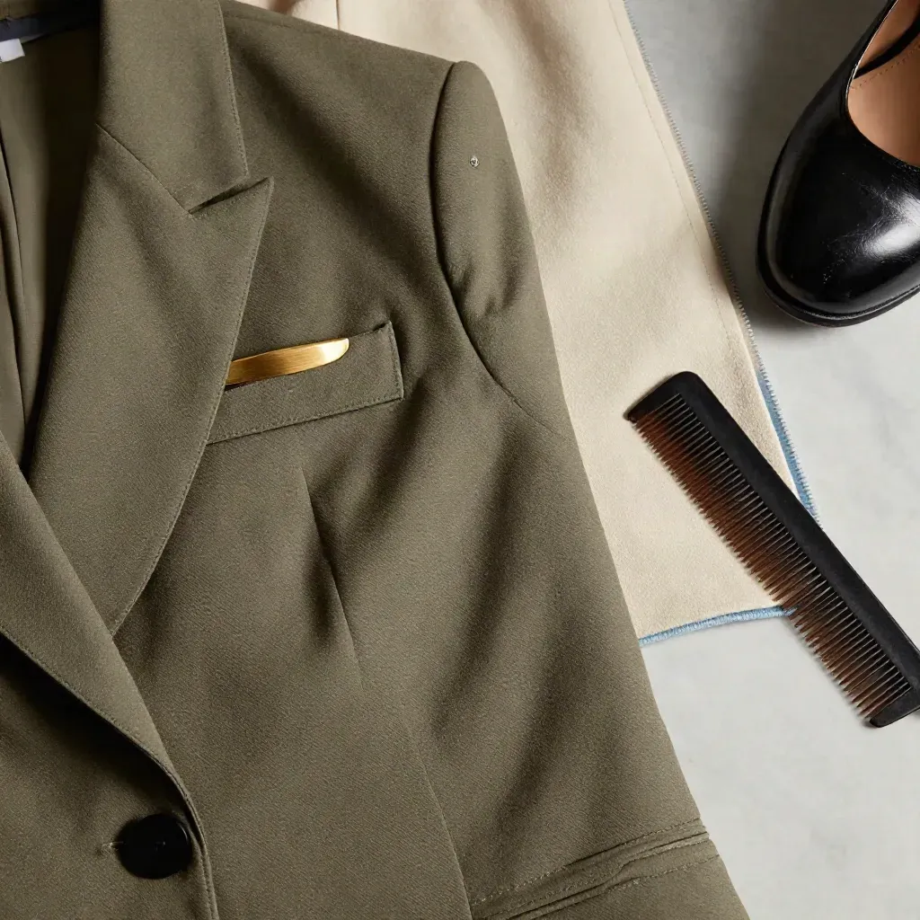 Muestrario de uniforme con broche dorado, zapato negro y peine sobre mármol claro.