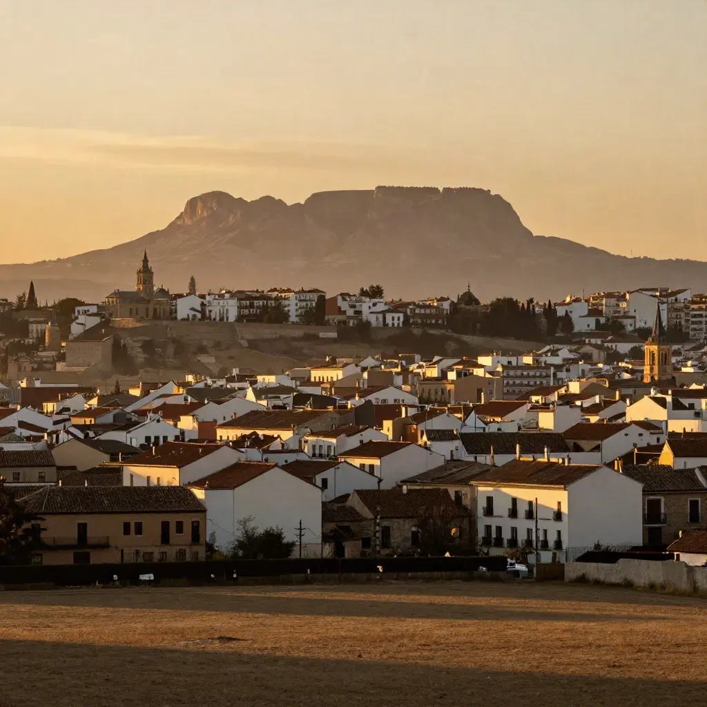 Madrid al atardecer con la sierra al fondo, tejados bajos y luz dorada con bruma