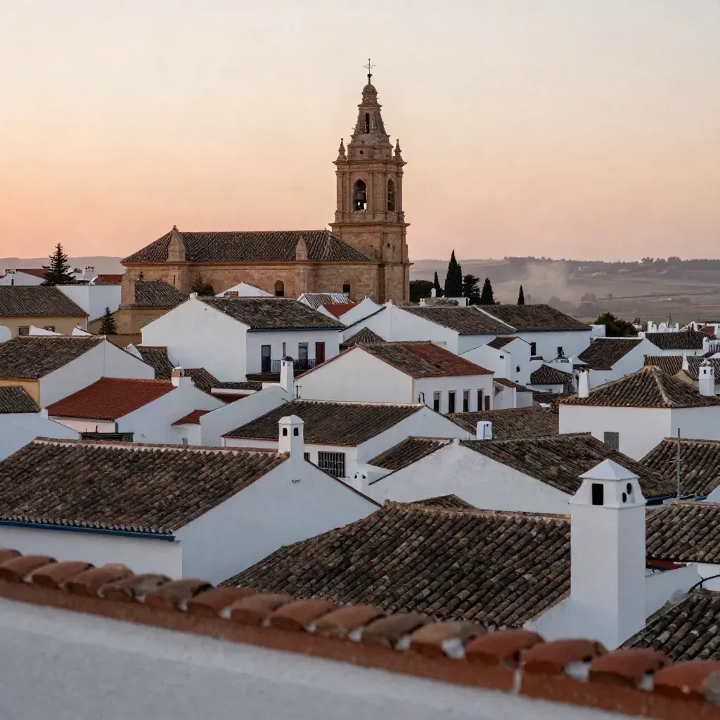 Silueta histórica andaluza sobre tejados encalados con luz dorada y bruma suave.